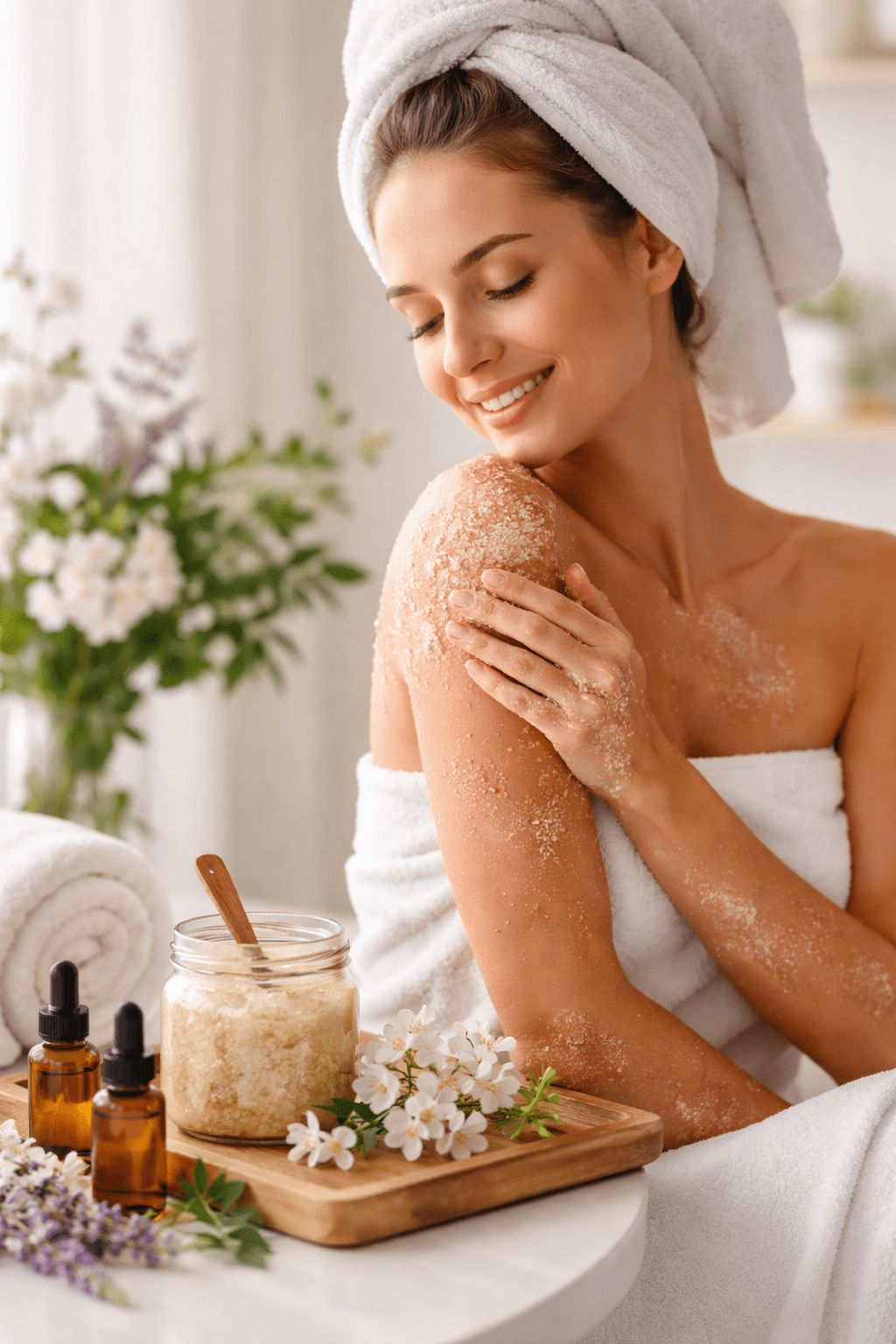 Natural skincare routine with a woman using an essential oil body scrub surrounded by essential oil bottles and fresh flowers.