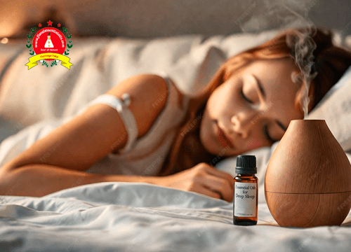 Woman sleeping peacefully beside an essential oil diffuser with deep sleep essential oil bottle on bedside