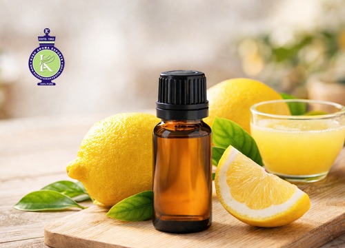 Lemon essential oil bottle with fresh lemons and juice on wooden surface