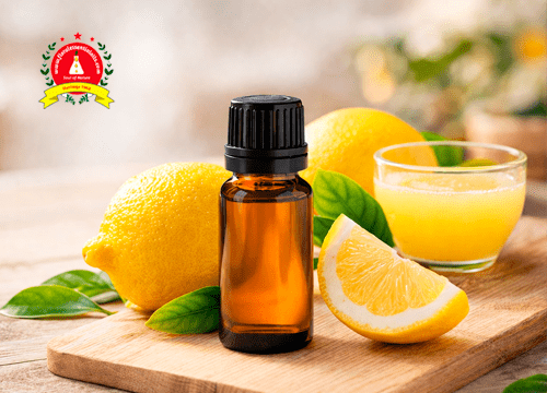 Lemon essential oil bottle placed with fresh lemons and lemon slices showcasing lemon essential oil benefits for natural wellness and aromatherapy