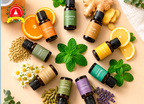 Best essential oils for nausea including peppermint, ginger, lemon, lavender, chamomile, and spearmint displayed for natural aromatherapy relief.