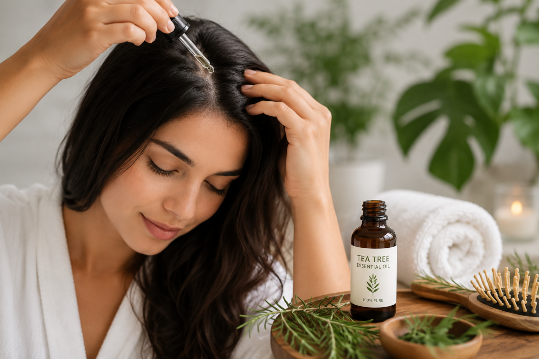 Woman applying essential oil to her scalp in a natural spa setting, illustrating a holistic approach to dandruff relief and scalp care.