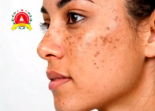 Woman with visible facial dark spots and hyperpigmentation on the cheeks, highlighting natural skincare solutions and essential oils for dark spots.