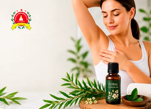 Woman applying tea tree oil underarm care treatment with essential oil bottle and natural botanical ingredients for freshness and skin wellness