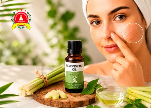 Woman applying lemongrass oil skincare treatment for blackheads with lemongrass stalks and essential oil bottle in a natural beauty setting