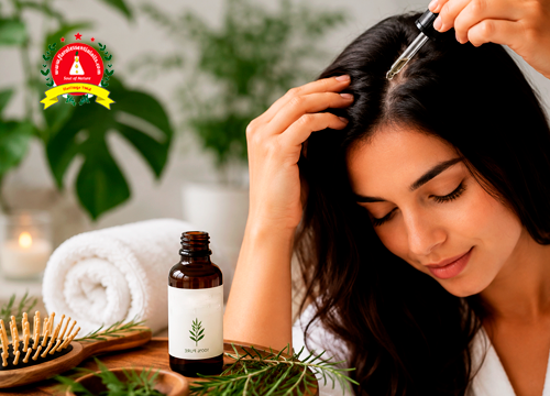Woman applying essential oil to her scalp in a natural spa setting, illustrating a holistic approach to dandruff relief and scalp care.