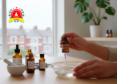 Person adding lavender essential oil to water for a humidifier, with essential oil bottles on a table in a bright home setting.